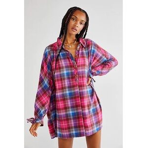 Free People Zoey Plaid Mini Dress Button-Up Dress Size S NWOT